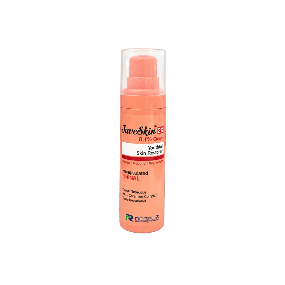 front view of JuveSkin 2X 0.1% Cream 30g by Regaliz showing ingredients, directions for use, safety instructions, and product information on the airless pump bottle.