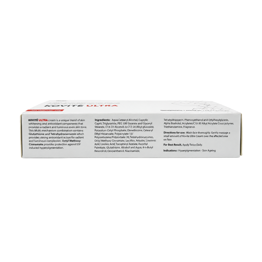 KOVITÉ ULTRA Cream 20g tube back view showing ingredients and product information