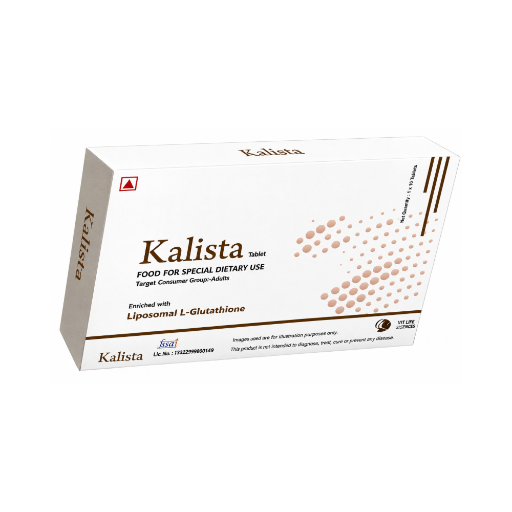 A white rectangular box of Kalista Liposomal L-Glutathione tablets, shown at a three-quarter angle on a plain white background.