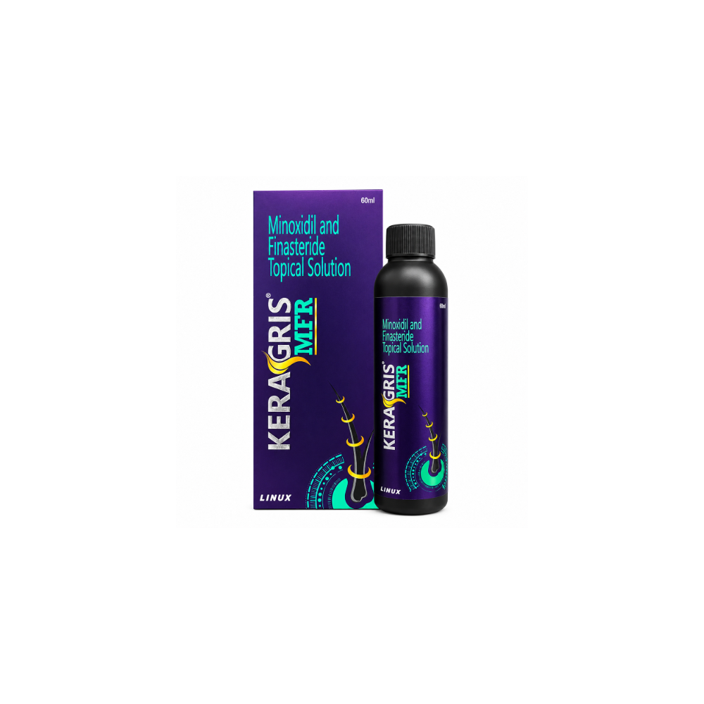 A bottle and box of KeraGris MFR topical solution for hair growth, featuring a dark purple label with white, green, and yellow text and graphics, shown on a plain white background.