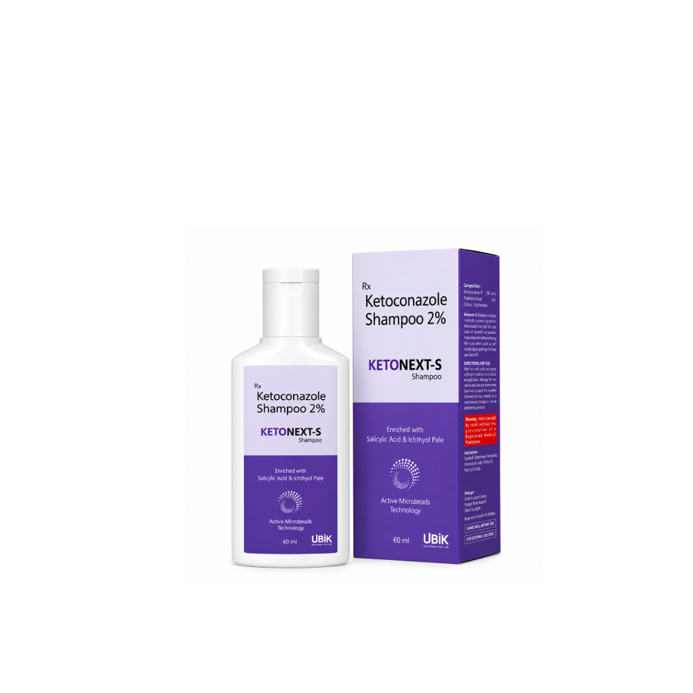 KetoneXT-S Ketoconazole Shampoo 2% 60 ml bottle and purple carton featuring Salicylic Acid and Ichthyol Pale.