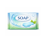 Bar of soap with a green and blue packaging on a white background