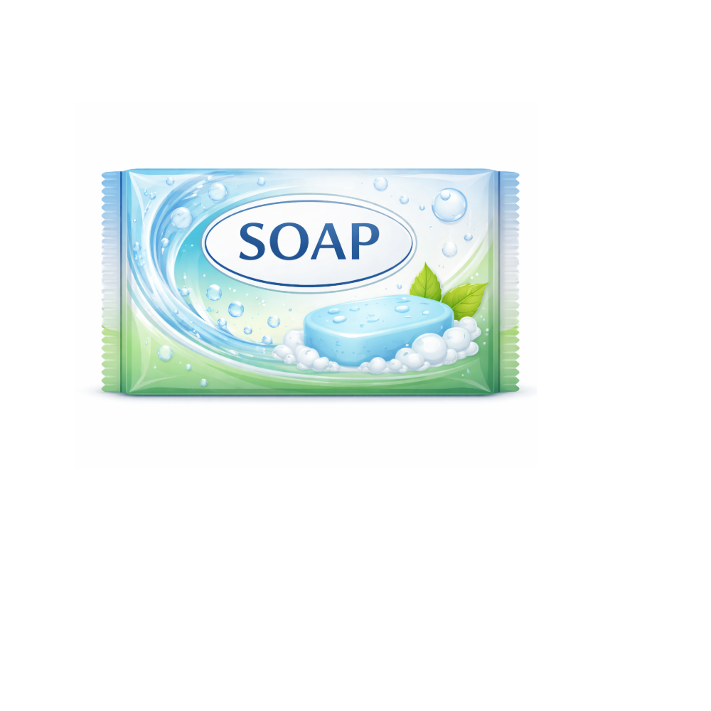 Bar of soap with a green and blue packaging on a white background