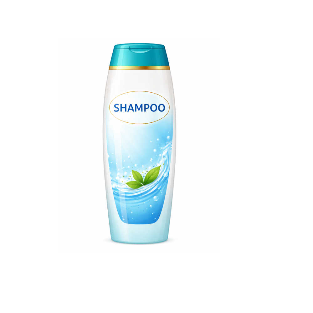 Shampoo bottle with a blue label featuring water and leaves on a white background