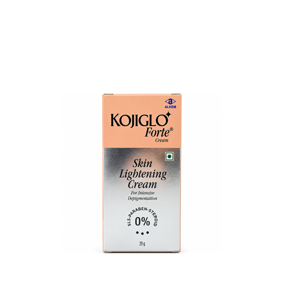 Front view of Kojiglo Forte Skin Lightening Cream 20 g by Alkem Laboratories in peach and silver packaging.