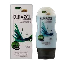Kurazol shampoo bottle and box with green leaf design on a white background