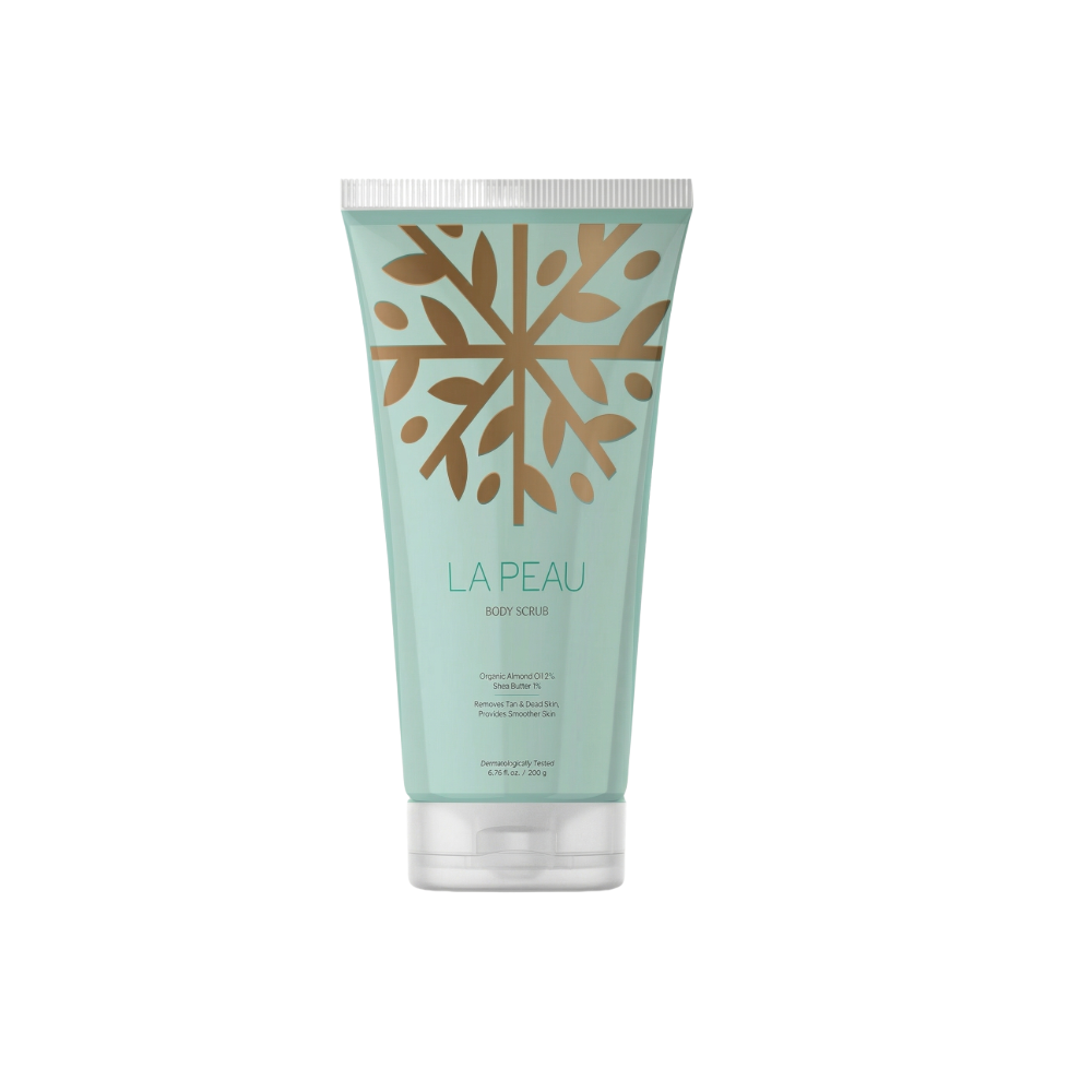 Tube of 'La Peau' body scrub with a decorative design on a white background