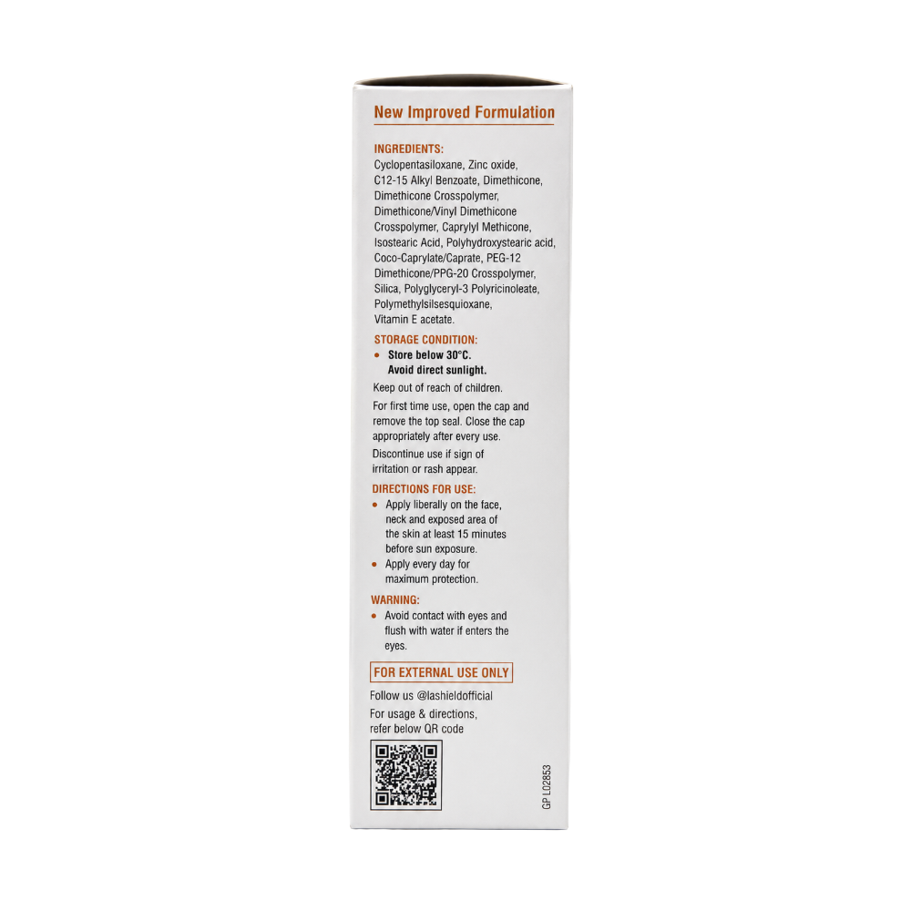La Shield Fisico Matte Sunscreen Gel box back showing ingredients and directions