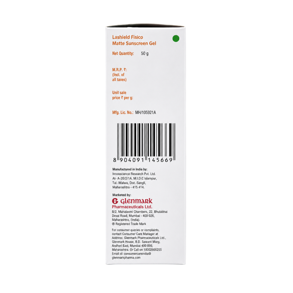 La Shield Fisico Matte Sunscreen Gel 50 g packaging back view with product and manufacturer details
