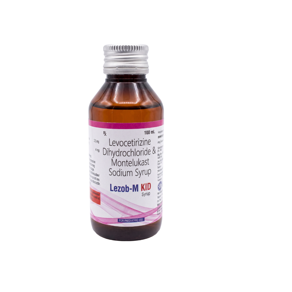 Bottle of Lezob-M KID syrup with label on a white background