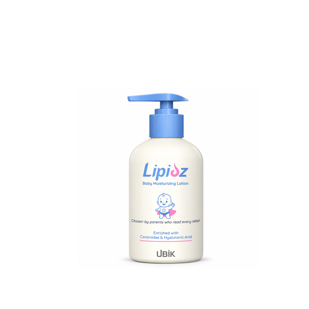 Front view of Lipidz Baby Moisturizing Lotion 220 ml bottle with blue pump, featuring ceramides and hyaluronic acid.