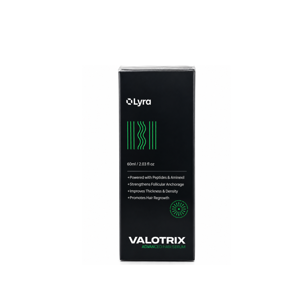 Front view of Lyra Valotrix Advanced Hair Serum 60 ml black carton with peptides and Aminexil mentioned on the packaging.