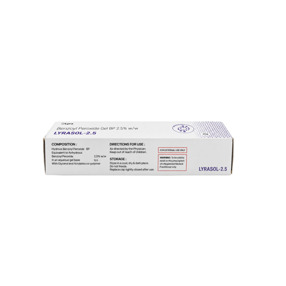 Lyrasol-2.5 Benzoyl Peroxide Gel BP 2.5% w/w 20g | Topical Acne Treatment Gel for Pimples, Acne Breakouts, Blackheads & Clogged Pores