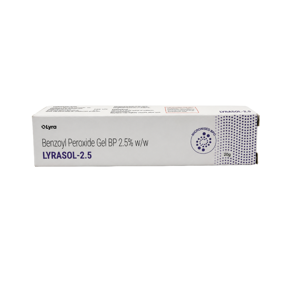 Lyrasol-2.5 Benzoyl Peroxide Gel BP 2.5% w/w 20g | Topical Acne Treatment Gel for Pimples, Acne Breakouts, Blackheads & Clogged Pores