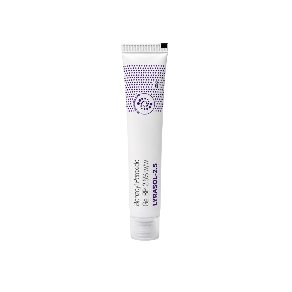 Lyrasol-2.5 Benzoyl Peroxide Gel BP 2.5% w/w 20g | Topical Acne Treatment Gel for Pimples, Acne Breakouts, Blackheads & Clogged Pores