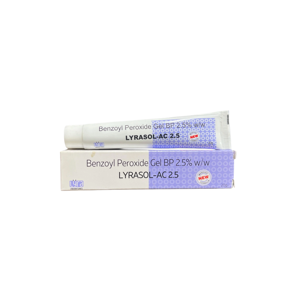 Two boxes of Lyrasol-AC 2.5 Benzoyl Peroxide Gel on a white background