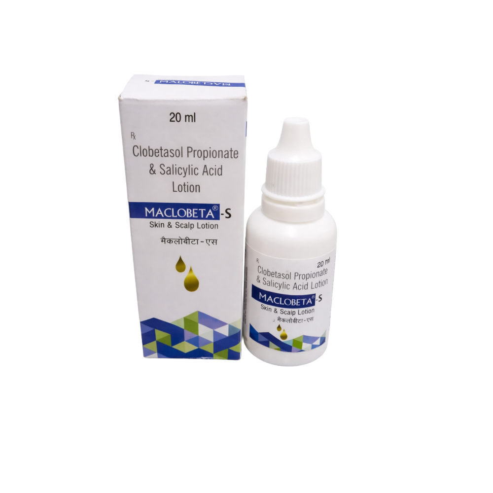 Maclobeta skin and scalp lotion bottle and box on a white background
