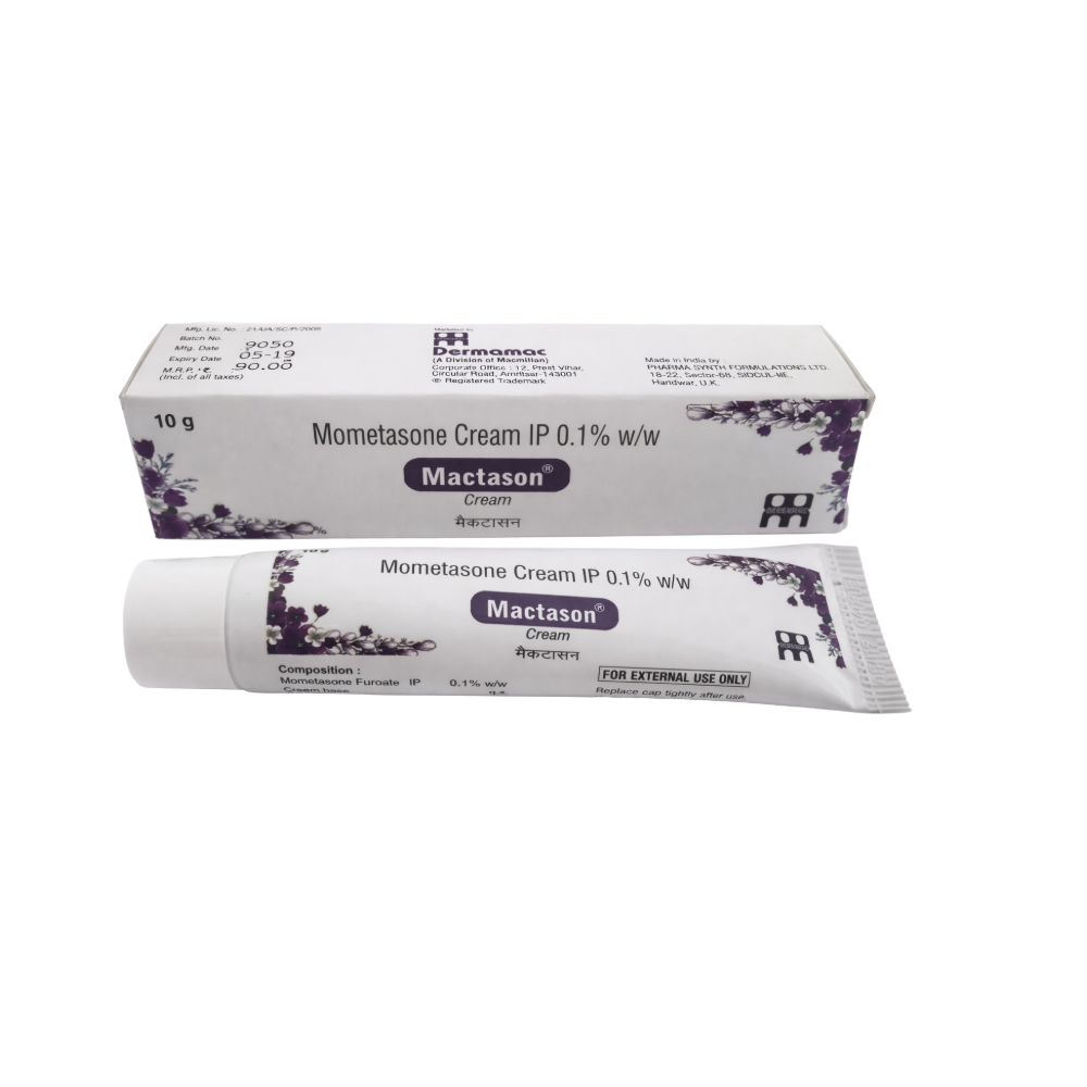 Mometasone Cream packaging with tube and box on a white background