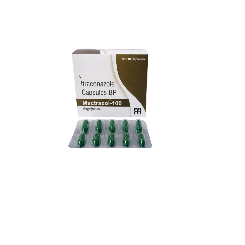 Packaging of Itraconazole Capsules BP with green capsules on a white background