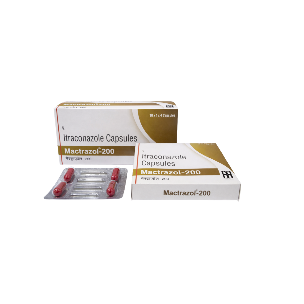 Itraconazole capsules packaging on a white background