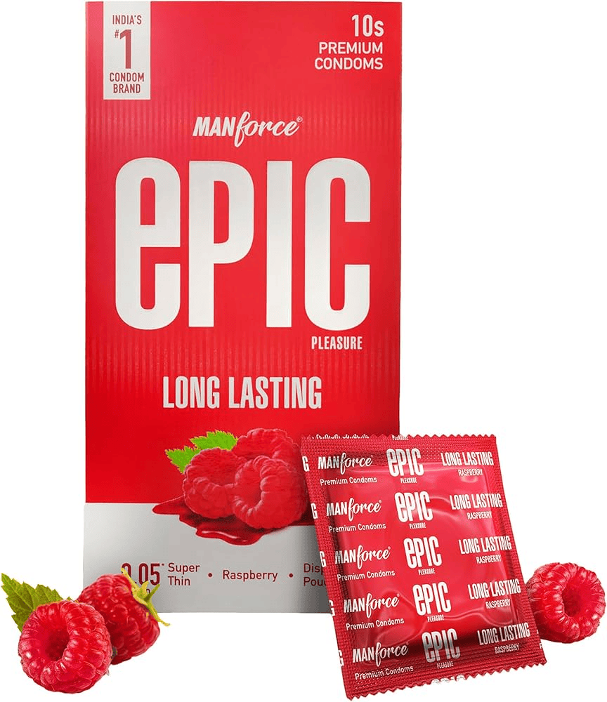 डिस्पोजेबल पाउच रास्पबेरी के साथ मैनफोर्स एपिक प्लेजर लंबे समय तक चलने वाला प्रीमियम कंडोम