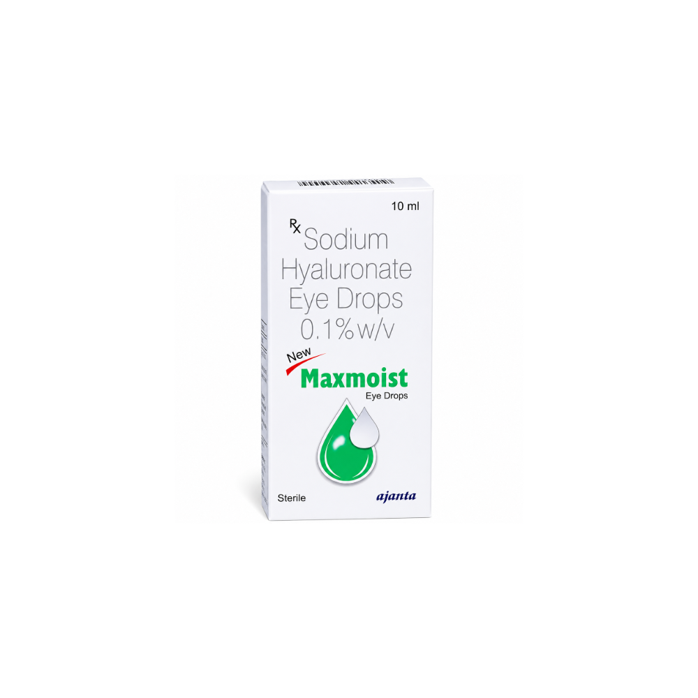 Maxmoist Eye Drop Box of Maxmoist Sodium Hyaluronate Eye Drops on a white background