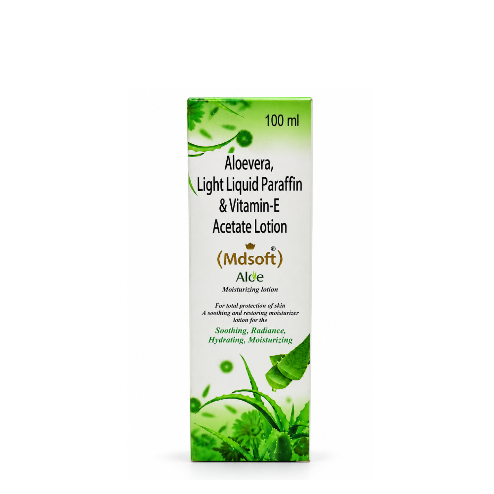 Front view of Mdsoft Alcee Aloe Moisturizing Lotion 100 ml featuring Aloe Vera, Light Liquid Paraffin and Vitamin E Acetate.