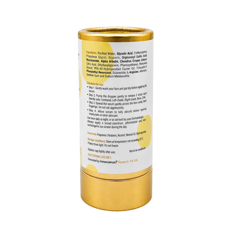 Melacis Pigment Corrector Serum 30 ml back view showing ingredients and directions for use