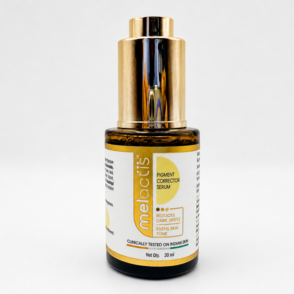 Melacis Pigment Corrector Serum 30 ml amber bottle with gold pump dispenser
