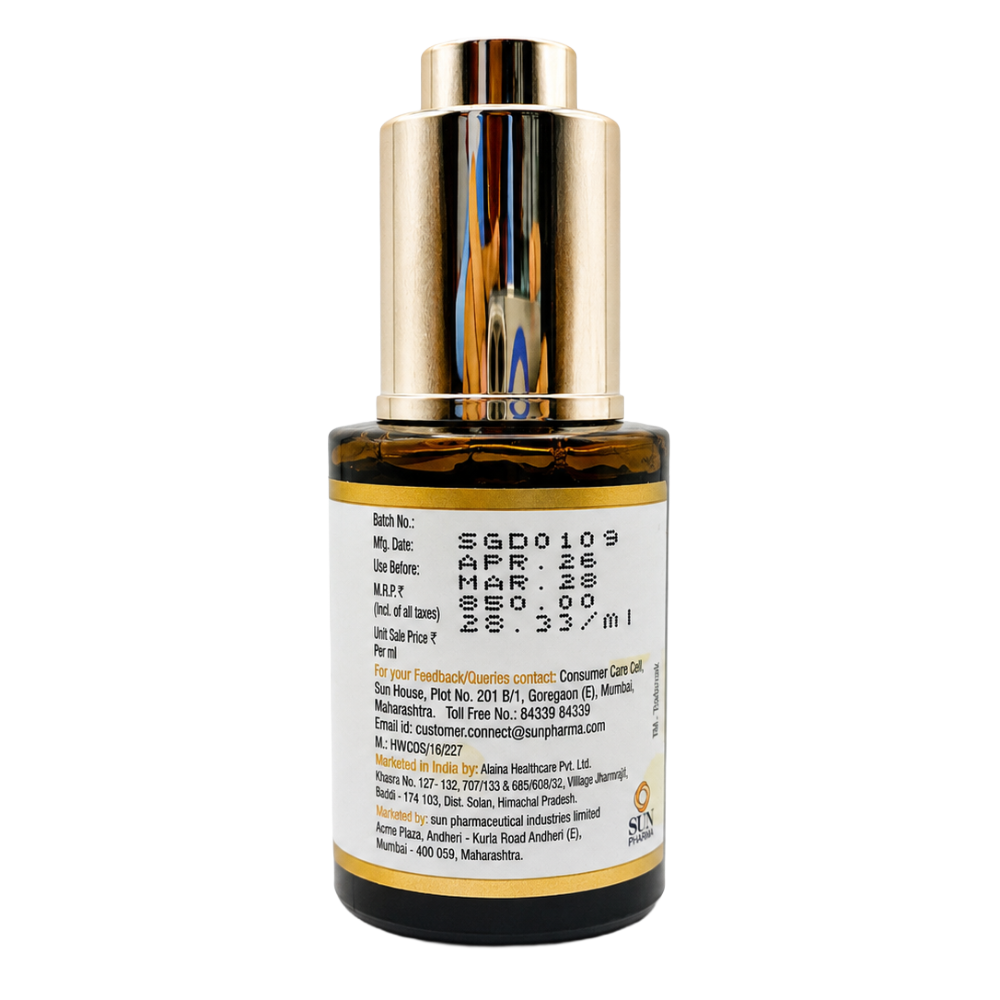 Melacis Pigment Corrector Serum bottle back label with batch number MRP and manufacturer details