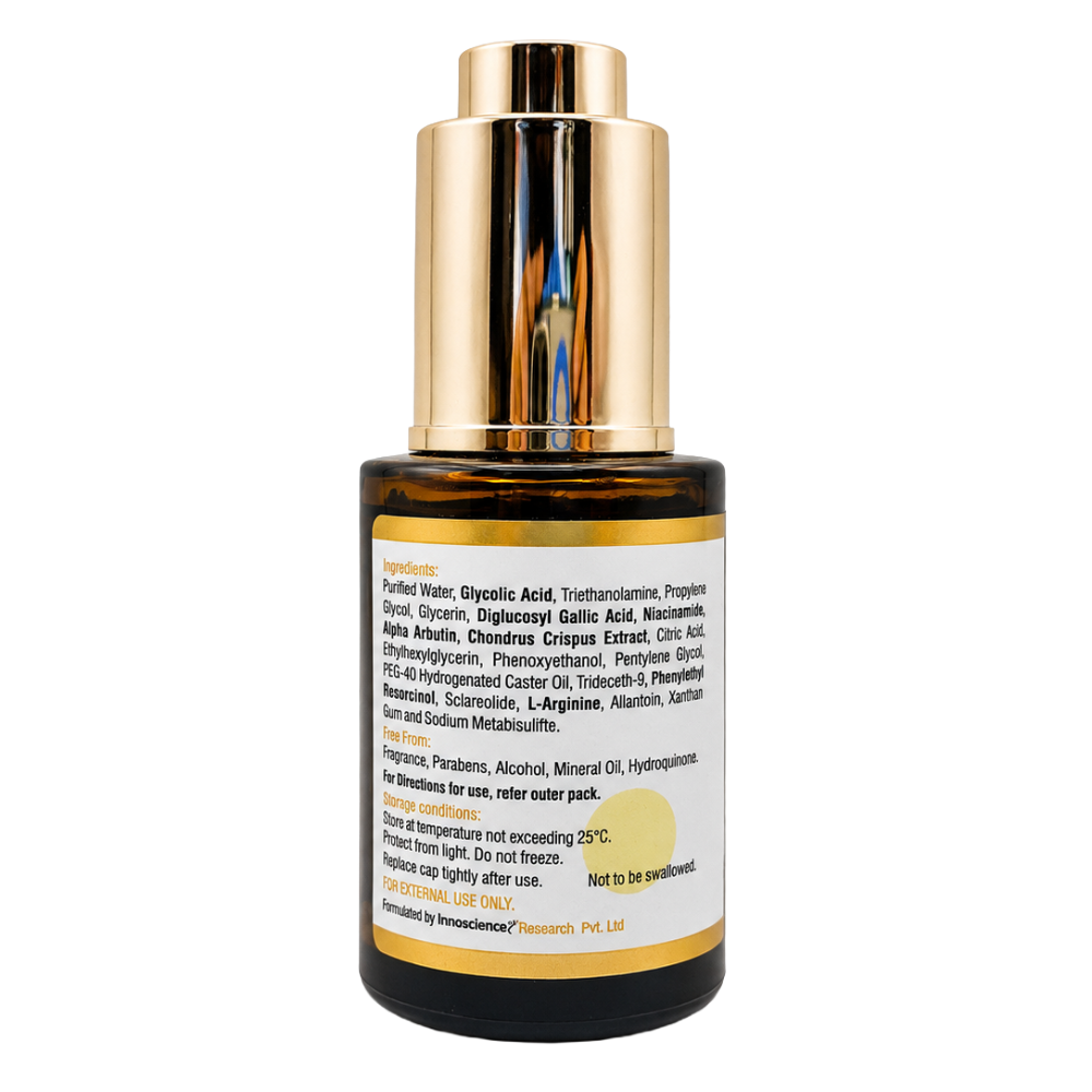 Melacis Pigment Corrector Serum ingredients label showing glycolic acid niacinamide alpha arbutin and resorcinol