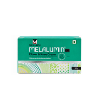 Front view of Melalumin EK Elbow and Knee Cream by Menarini in a green 50 g carton.