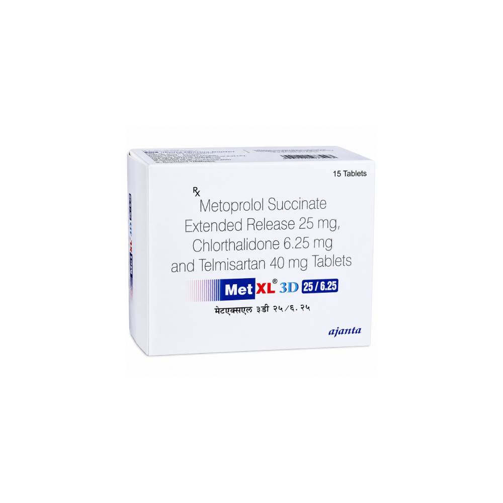 Met XL 3D 25/6.25 Tablet Box of Met XL 3D tablets with medication details on a white background