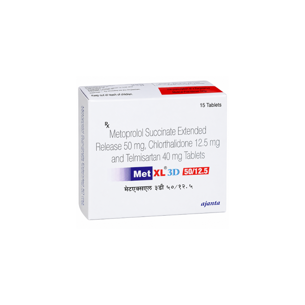 Met XL 3D 50/12.5 mg Tablet (15 Tab)
 Box of Metoprolol Succinate Extended Release medication with Ajanta logo on a white background