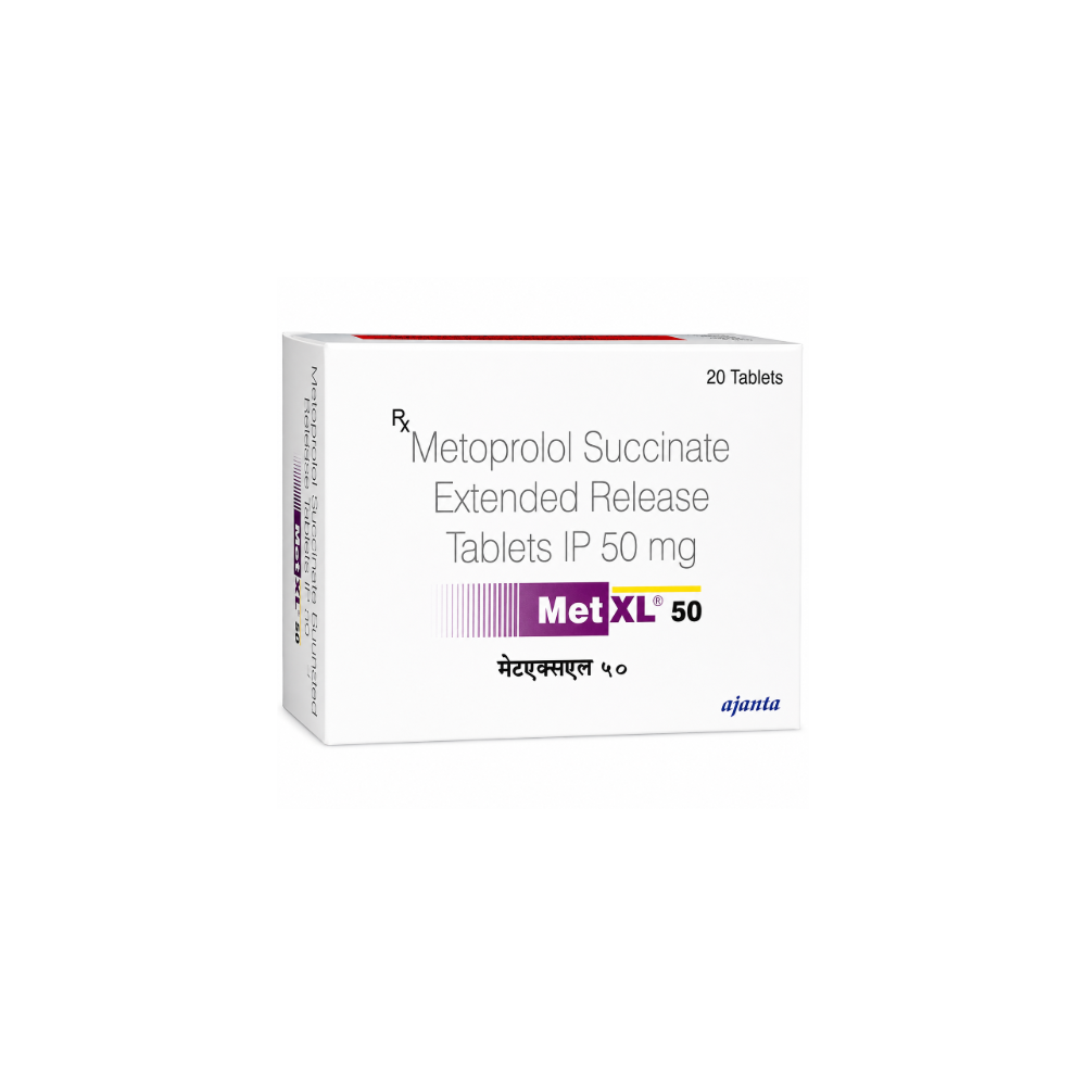 Met XL 50 Tablet Box of Metoprolol Succinate Extended Release Tablets IP 50 mg by MetXL on a white background