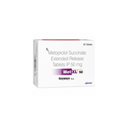 Met XL 50 Tablet Box of Metoprolol Succinate Extended Release Tablets IP 50 mg by MetXL on a white background
