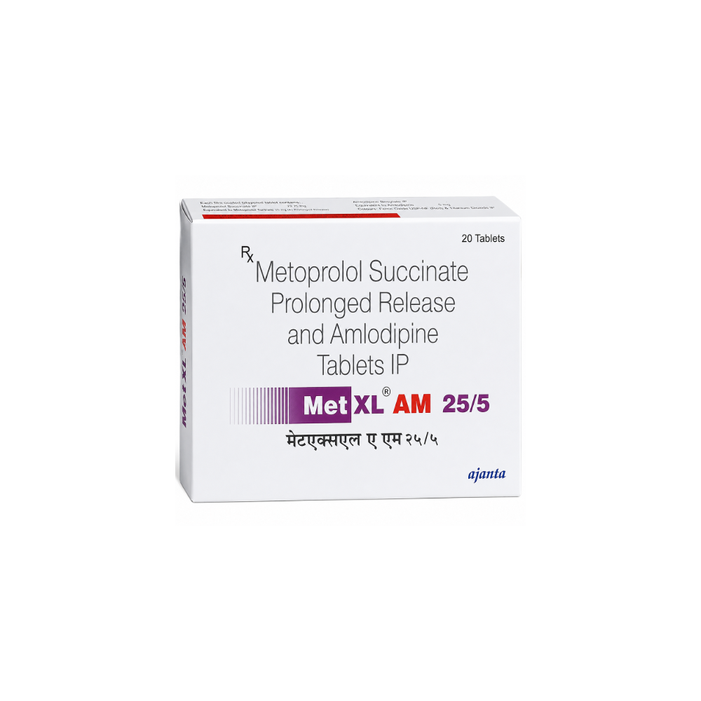 Met XL AM 25/5 Tablet  Box of Metoprolol Succinate and Amlodipine Tablets IP on a white background