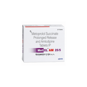 Met XL AM 25/5 Tablet  Box of Metoprolol Succinate and Amlodipine Tablets IP on a white background