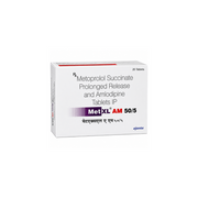 Met XL AM 50/5 Tablet  Box of Metoprolol Succinate and Amlodipine Tablets IP with branding on a white background