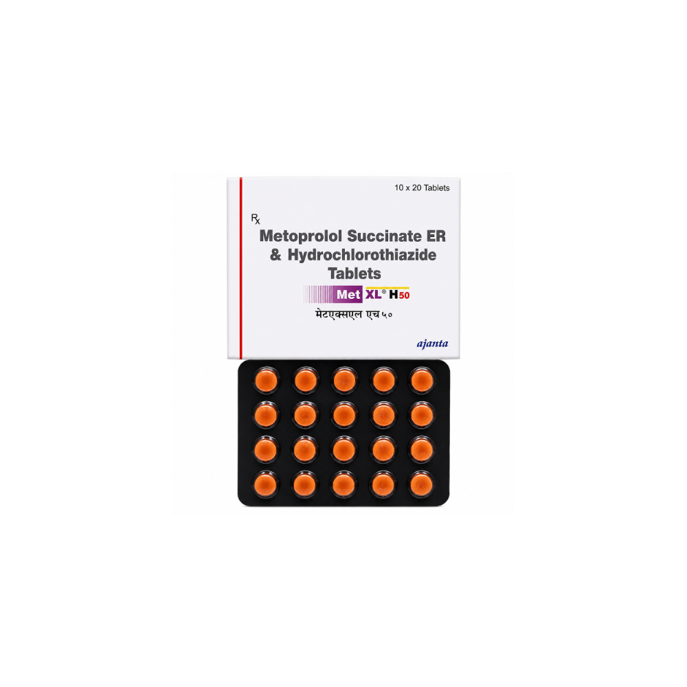 Met XL H 50 Tablet Box of Metoprolol Succinate ER & Hydrochlorothiazide Tablets with orange pills on a white background