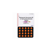 Met XL H 50 Tablet Box of Metoprolol Succinate ER & Hydrochlorothiazide Tablets with orange pills on a white background