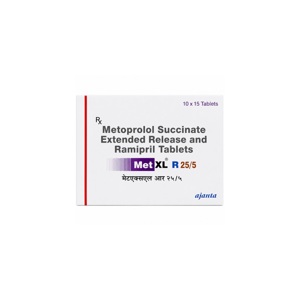 Met XL R 255 Tablet Box of Metoprolol Succinate Extended Release and Ramipril Tablets with Ajanta logo on a white background
