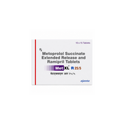 Met XL R 255 Tablet Box of Metoprolol Succinate Extended Release and Ramipril Tablets with Ajanta logo on a white background