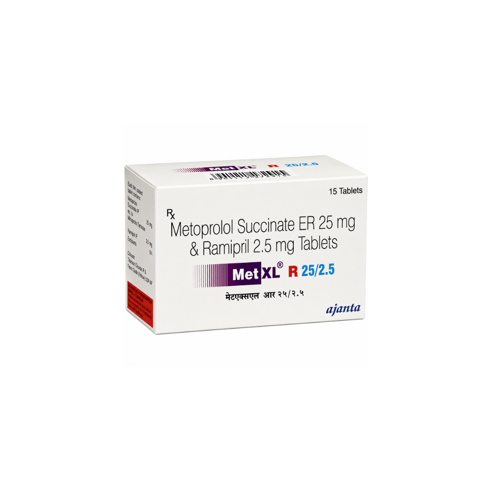 Met XL R 25mg/2.5mg Tablet Box of Metoprolol Succinate ER 25 mg & Ramipril 2.5 mg Tablets with Ajanta logo on a white background
