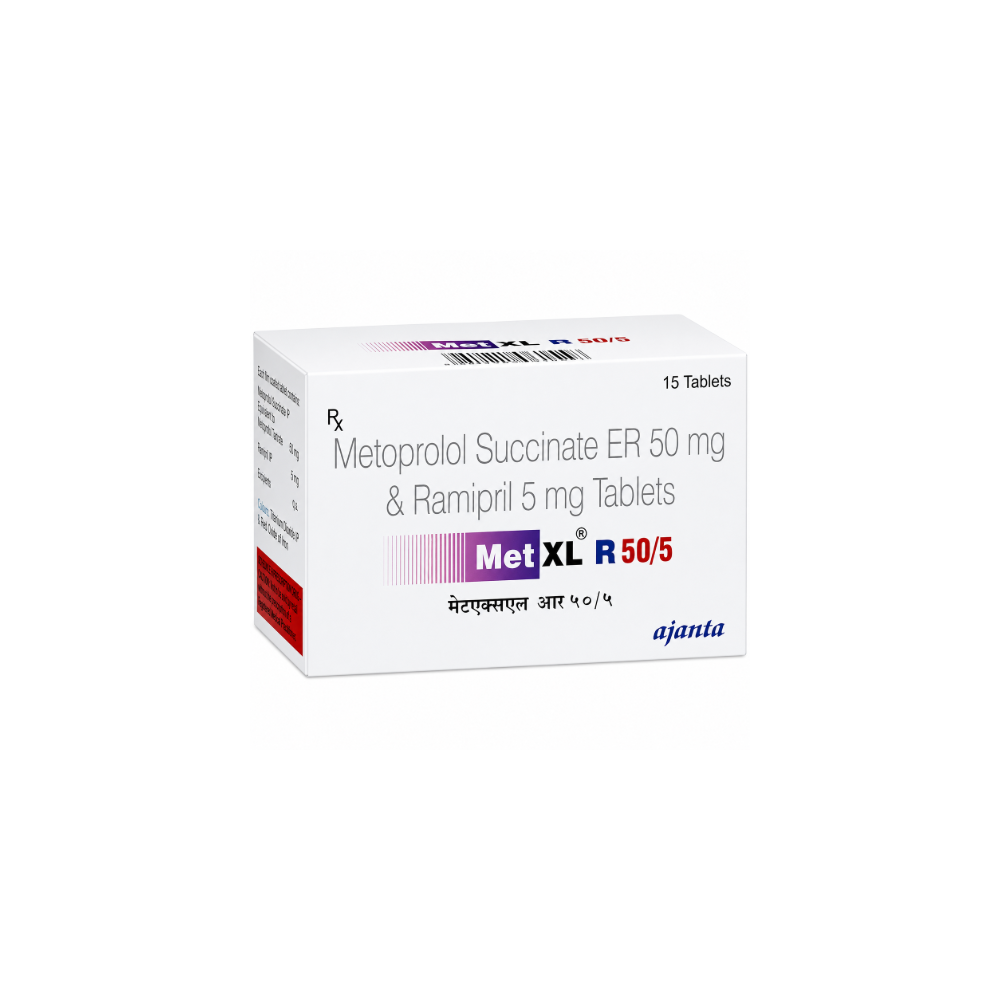 Met XL R 50/5 Tablet Box of Metoprolol Succinate ER 50 mg & Ramipril 5 mg Tablets with Ajanta branding on a white background