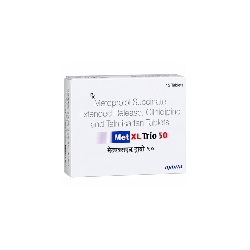 Met XL Trio 50 Tablet ER Box of Met XL Trio 50 medication on a white background