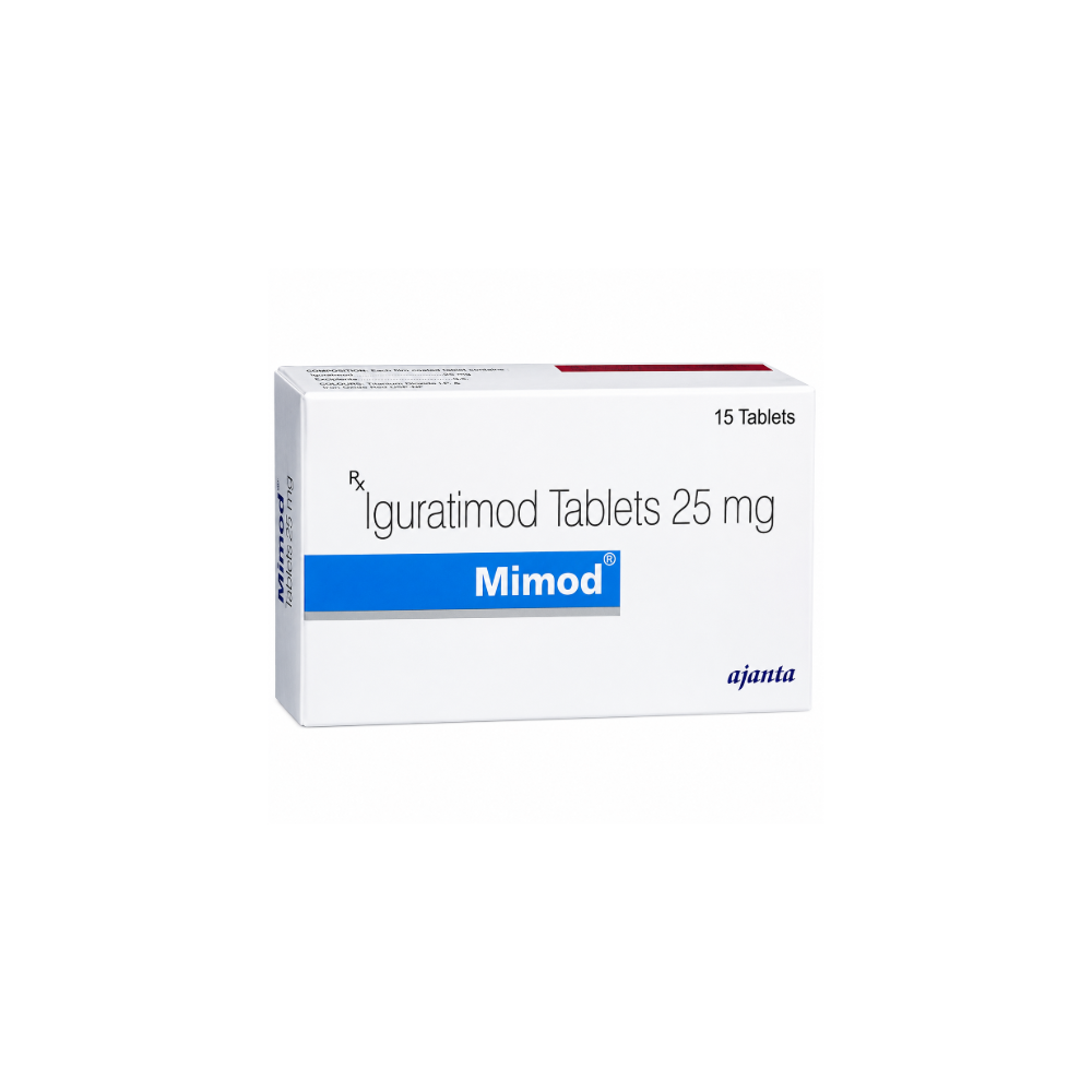 Mimod Tablet Box of Iguratimod Tablets 25 mg by Mimod on a white background