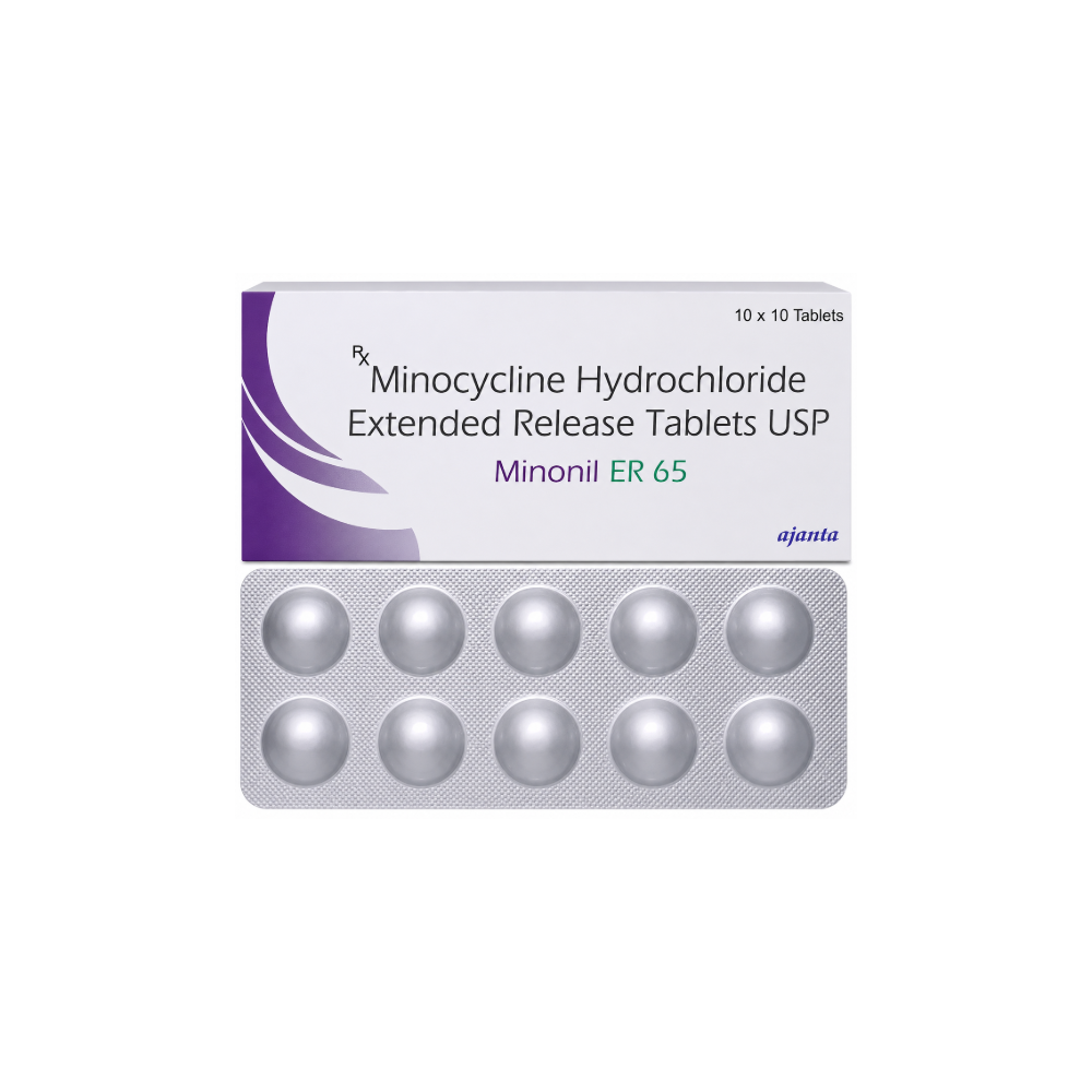 Minonil ER 65 Tablet Packaging of Minocycline Hydrochloride Extended Release Tablets USP by Ajanta on a white background