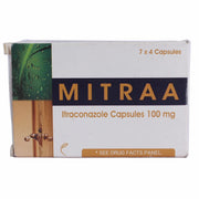 Box of Mitraa Itraconazole Capsules 100 mg on a white background