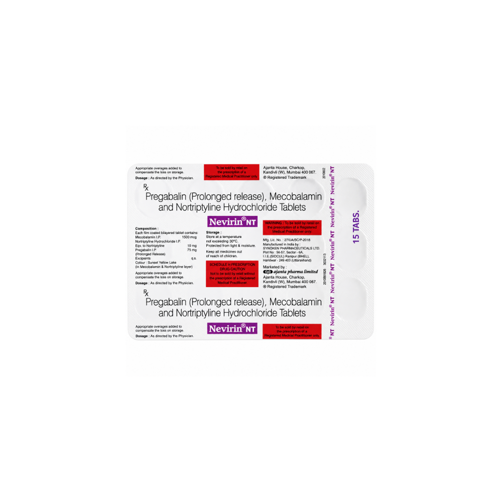 Nevirin NT 75mg/10mg/1500mcg Tablet  medication packaging on a white background